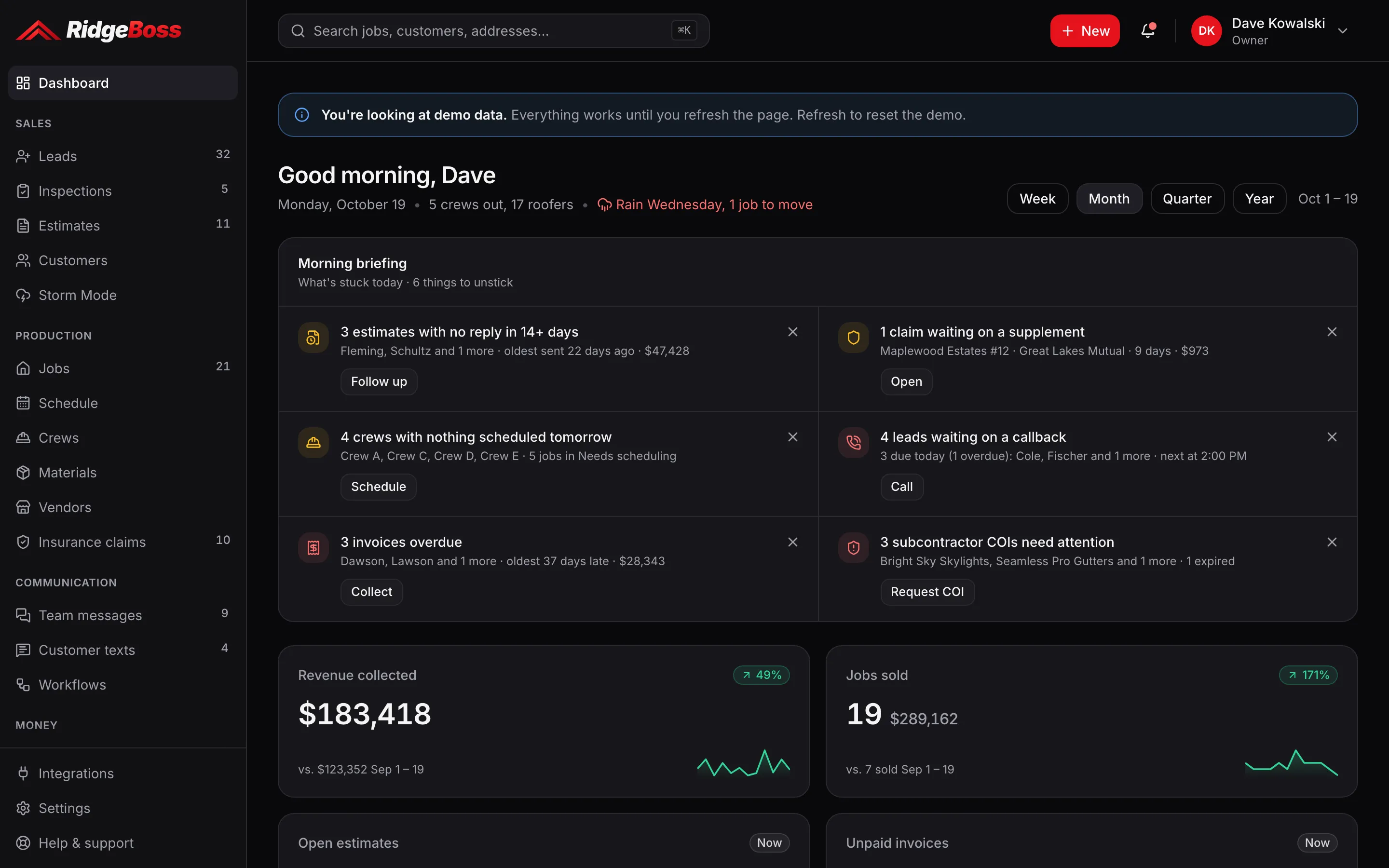 The RidgeBoss dashboard: a morning briefing of six things to unstick today above revenue collected and jobs sold this month.