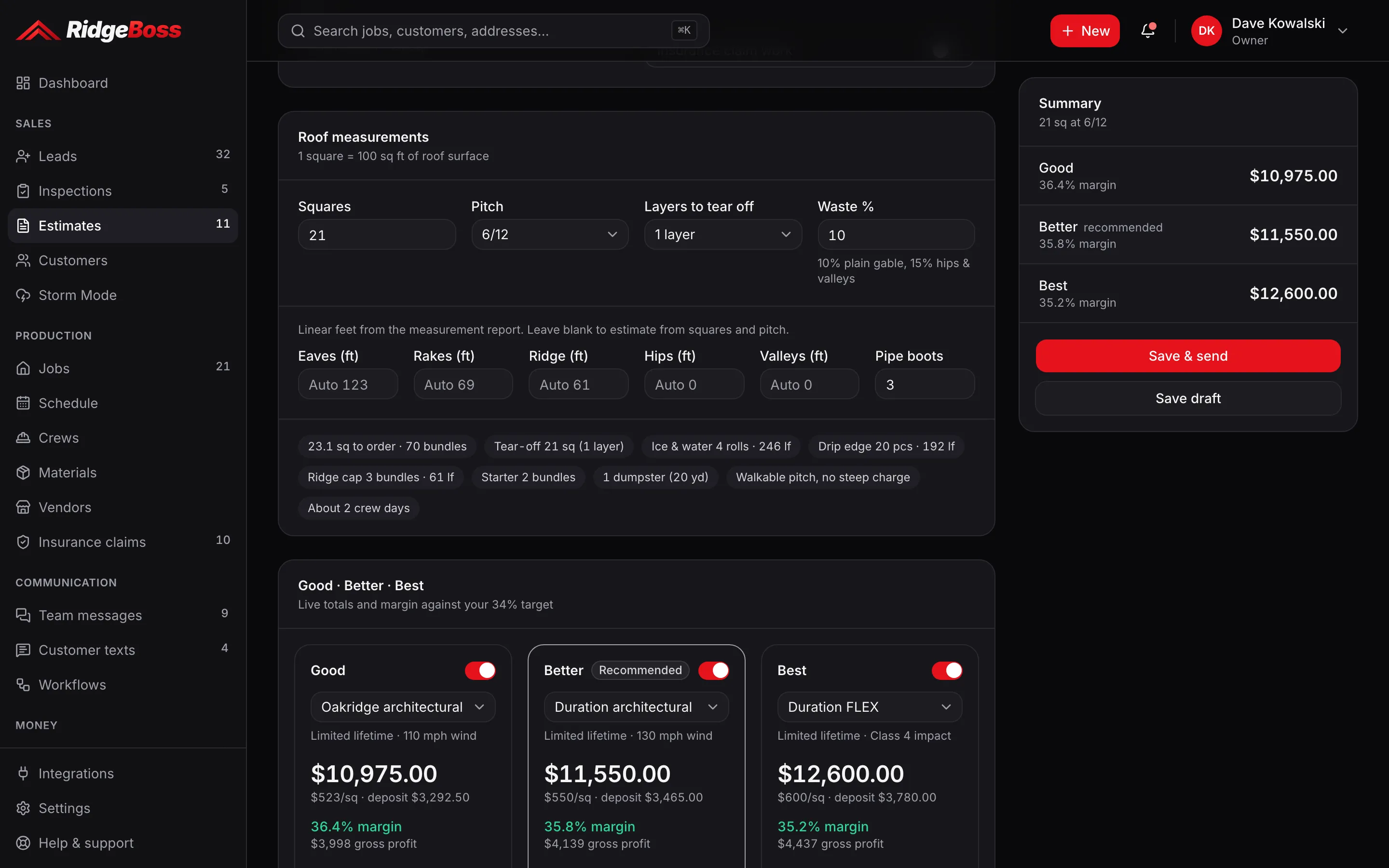 RidgeBoss estimate builder: roof measurements (21 squares, 6/12 pitch, 1 layer, 15% waste) with the materials worked out, and Good, Better and Best options at $11,098, $11,688 and $12,774 with their margins.