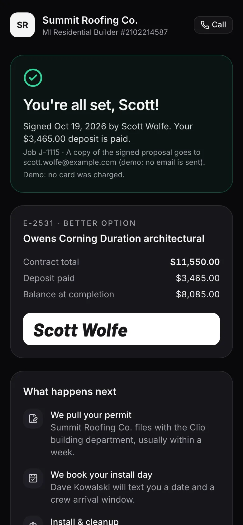 Confirmation on a phone: "You're all set, Scott!" signed Oct 19, 2026, $3,506.40 deposit paid, the Better option at $11,688 with the balance due at completion, and a "What happens next" list.