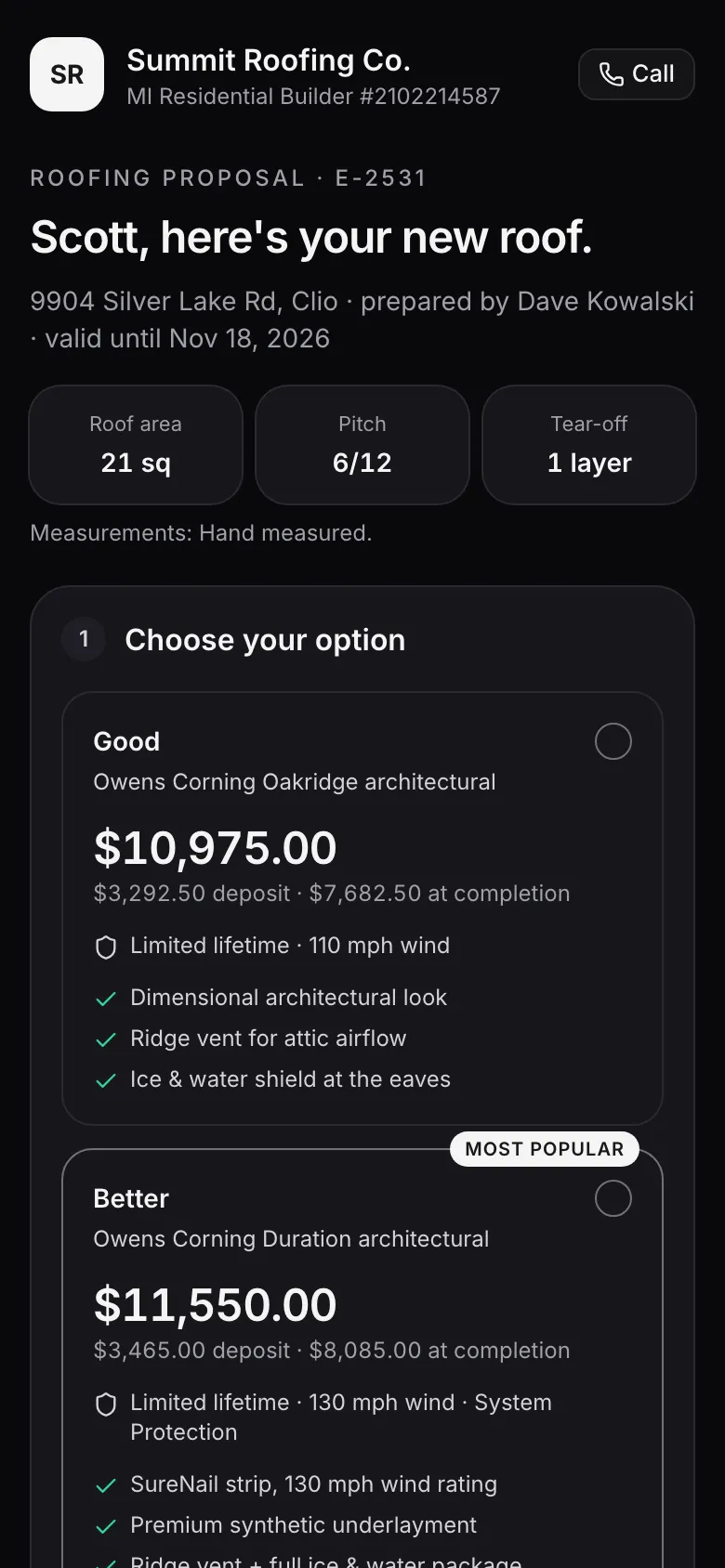 Homeowner proposal on a phone: "Scott, here's your new roof." with roof area 21 squares, 6/12 pitch, 1 layer tear-off, and the Good option at $11,098 with a $3,329.40 deposit, Better below it marked Most popular.