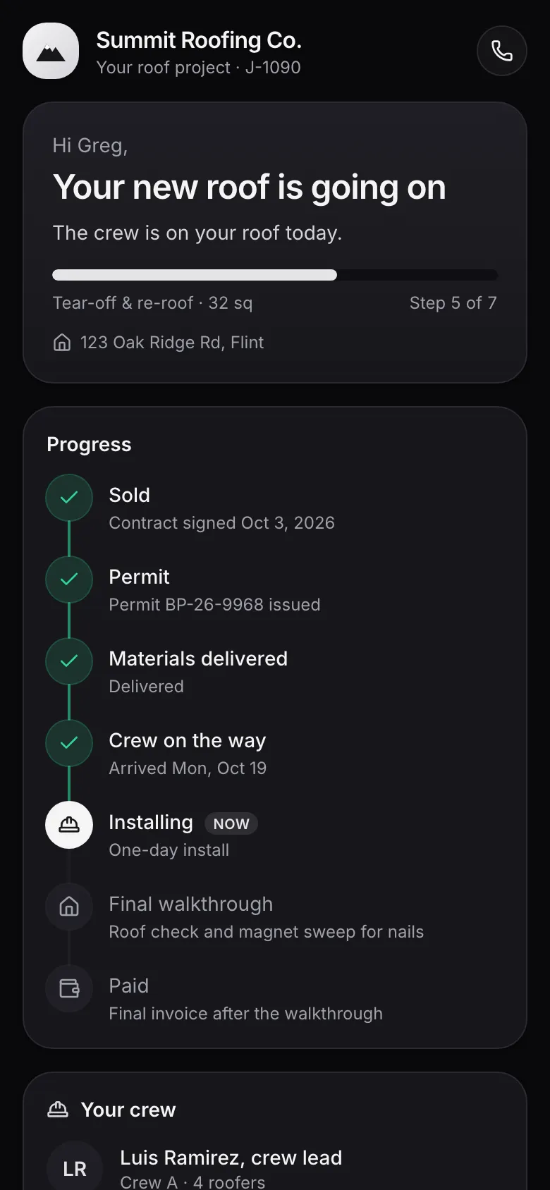 The homeowner job tracker on a phone: the roof's progress, step 5 of 7, with the crew installing today.