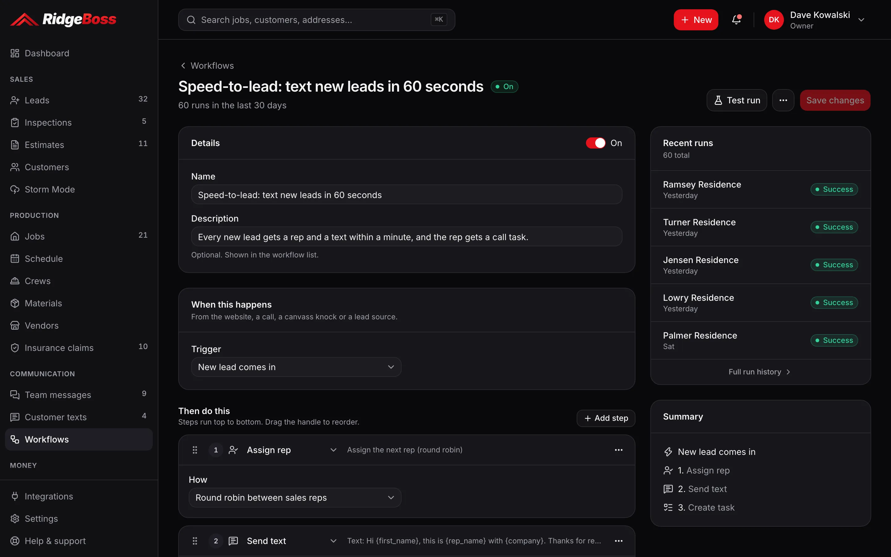The RidgeBoss workflow "Speed-to-lead: text new leads in 60 seconds", switched on with 60 runs in the last 30 days: when a new lead comes in, assign the next rep round-robin, send a text, and create a call task.